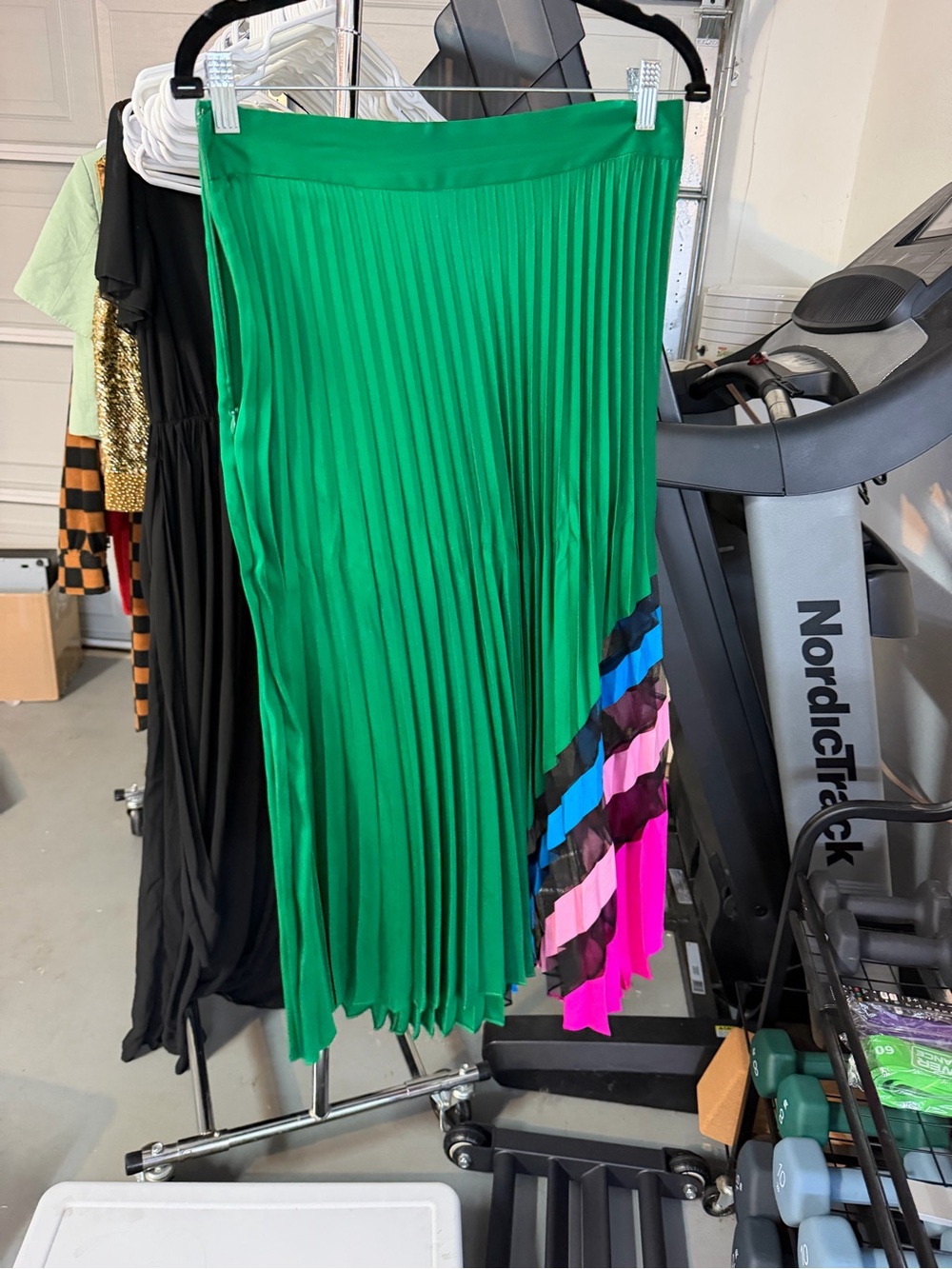 Milly Green Asymmetric Pleated Midi Skirt with Colorblock Stripes